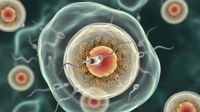 Visualizing the intricate journey of sperm cells navigating toward fertilization of an egg,