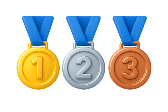 A set of three stylized gold, silver, and bronze medals with blue ribbons, symbolizing achievement, success, and the first, second, and third place awards, isolated on transparent background