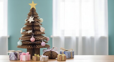 Festive paper Christmas tree with gifts, perfect for holiday cards, seasonal events and celebrating the merry season. Add a touch of joy and cheer to your designs.