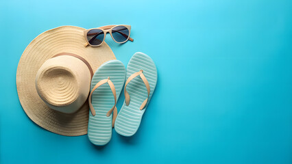 Straw Hat Sunglasses and Flip Flops on a Bright Blue Background summer vacation