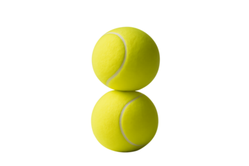 Two vibrant yellow tennis balls stacked on top of each other with a white seam, essential gear for racket sports and athletic recreation, isolated on transparent background