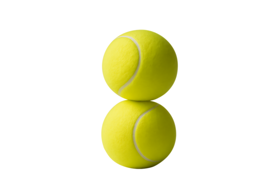 Two vibrant yellow tennis balls stacked on top of each other with a white seam, essential gear for racket sports and athletic recreation, isolated on transparent background