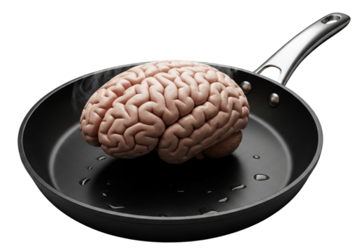 Human brain in a frying pan with oil on black background