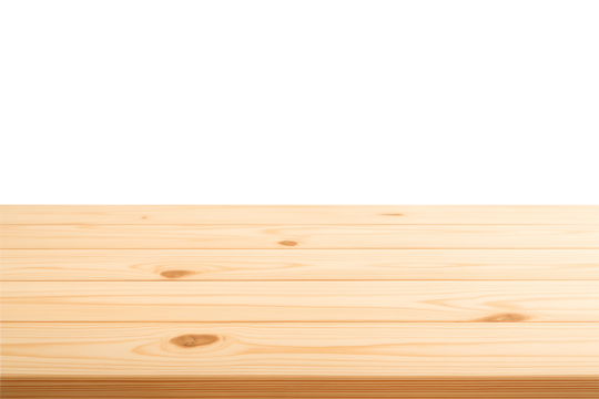 Empty natural light wooden plank table top or desk surface with visible knots and wood grain on a simple grey background isolated on transparent background