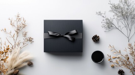 A flat lay composition featuring a black gift box with a ribbon, pinecones, and dried floral arrangements on a white surface.
