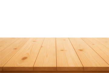 Empty natural light wooden plank table top or desk surface in a perspective view with visible knots and wood grain isolated on transparent background