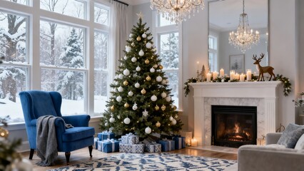 Naklejka premium A cozy living room decorated for Christmas with a lit tree fireplace and festive ornaments set against a snowy outdoor backdrop.
