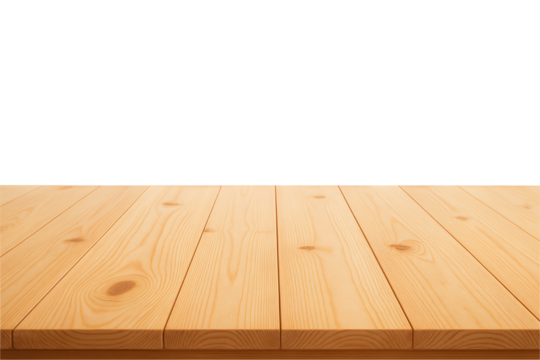 Empty natural light wooden plank table top or desk surface in a perspective view with visible knots and wood grain isolated on transparent background