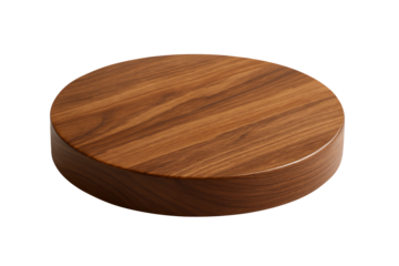 Dark brown round wooden serving board or display stand with a smooth finish and visible walnut wood grain pattern isolated on transparent background