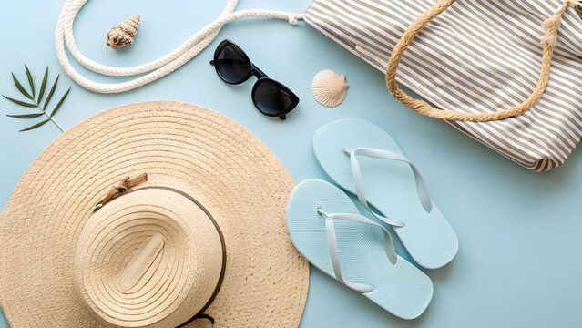 Summer beach accessories laid out on a light blue background including a straw hat
