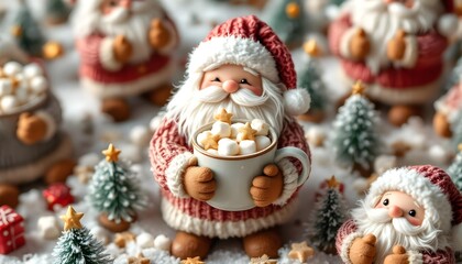 Delightful seamless christmas pattern portraying mini santas holding hot chocolate with gingerbread trees bringing a joyful winter celebration filled with