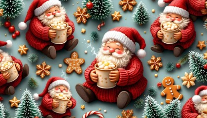 Obraz premium Seamless christmas pattern featuring mini santas holding hot chocolate near gingerbread trees during a joyful winter celebration scene with adorable