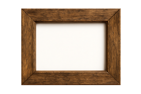 Empty rustic dark wooden picture frame with white border and rough texture for photos or artwork display isolated on transparent background