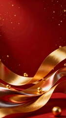 Elegant red and gold abstract design featuring flowing ribbons and sparkling beads evoking a festive and luxurious atmosphere.