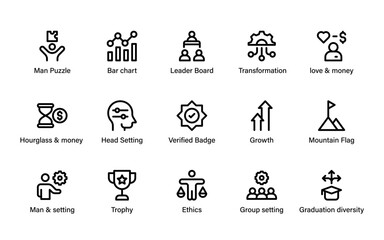 Motivation leadership progress icons. career growth, achievement goals, strategic improvement, mindset development and performance success symbol collection.