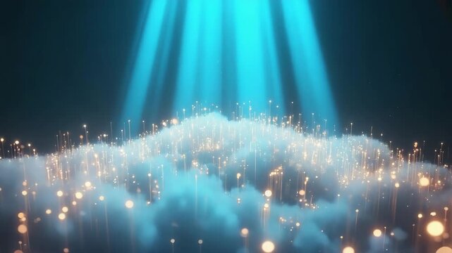 Glowing Data Cloud With Light Rays And Particle Connections In Dark Space