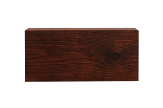 Dark brown stained wooden box with visible grain and knot texture rustic storage container object for product display or packaging isolated on transparent background