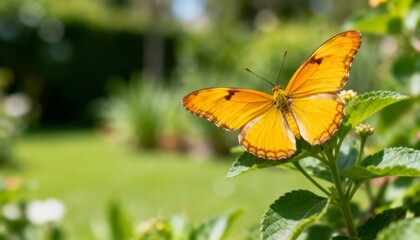 Obraz premium Vibrant orange butterfly alight on green leaf with blurred garden background, conveying nature and tranquility