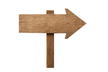 Rustic wooden signpost with a wide arrow pointing right mounted on a vertical pole for directional information and guidance isolated on transparent background