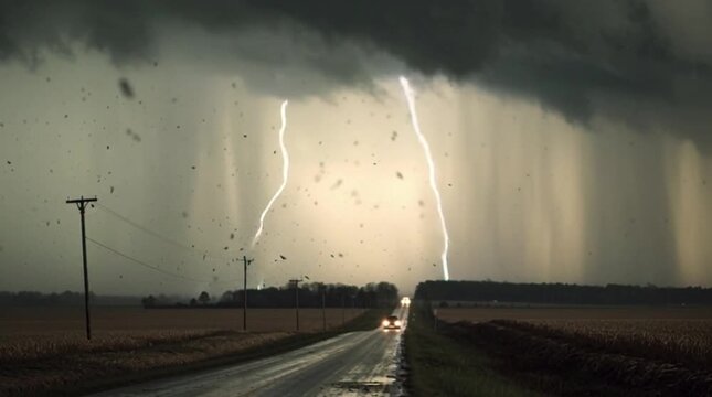 Massive Tornado Funnel Cloud Moving Across Rural Landscape, Destructive Storm: Giant Cyclone Approaching Wind Turbines