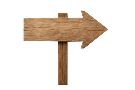 Rustic wooden signpost with a wide arrow pointing right mounted on a vertical pole for directional information and guidance isolated on transparent background