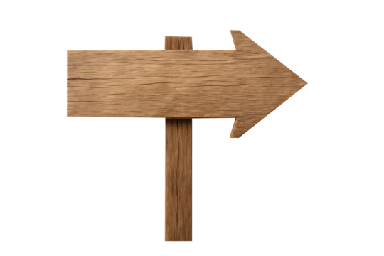Rustic wooden signpost with a wide arrow pointing right mounted on a vertical pole for directional information and guidance isolated on transparent background - Powered by Adobe