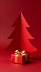 A minimalist red paper Christmas tree stands beside a golden-bowed gift box against a vibrant red background evoking festive cheer.