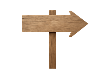 Rough textured wooden signpost shaped as a large arrow pointing to the right direction on a pole isolated on a white background