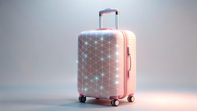 A futuristic pink suitcase with glowing digital patterns stands against a soft, gradient background, evoking a sense of modern travel and technological integration in luggage design