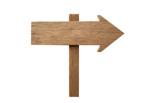 Rough textured wooden signpost shaped as a large arrow pointing to the right direction on a pole isolated on a white background