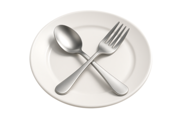 Shiny silver spoon and fork crossed on a clean white round ceramic plate symbolizing food dining or restaurant elegance isolated on transparent background