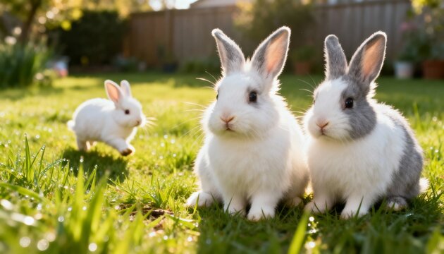 Adorable bunny in sunlit garden grass with dew drops and bokeh light - Powered by Adobe