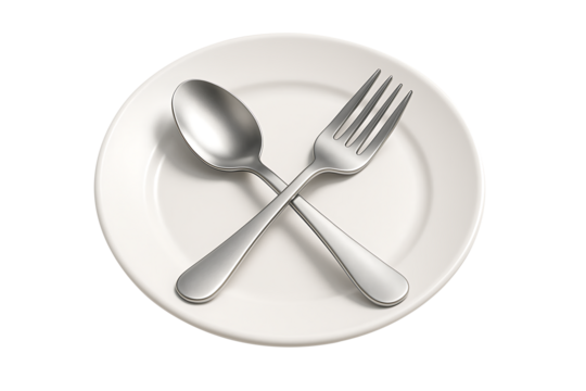 Shiny silver spoon and fork crossed on a clean white round ceramic plate symbolizing food dining or restaurant elegance isolated on transparent background