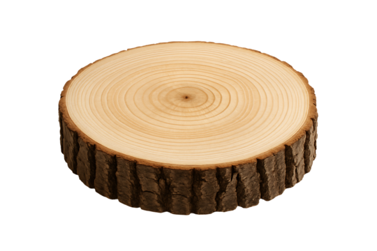 A round pine wood log slice with natural bark edge showing annual growth rings on the surface, isolated on transparent background
