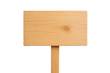 Blank light wooden rectangular directional sign or plank attached to a vertical post, ready for text or graphics, isolated on transparent background