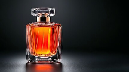 A luxurious glass perfume bottle filled with amber-colored liquid sits elegantly on a dark, reflective surface.