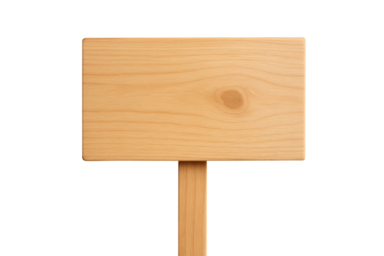 Blank light wooden rectangular directional sign or plank attached to a vertical post, ready for text or graphics, isolated on transparent background
