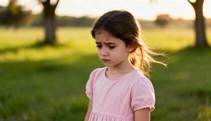 Melancholy Young Girl Outdoors in Golden Hour Light, Contemplative Child in Pink Dress with Sad Expression on Blurry Green Field Background