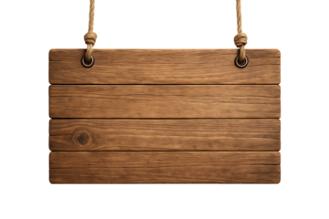 Old distressed dark brown wooden hanging sign made of four horizontal planks secured by rustic rope and metal eyelets, isolated on transparent background