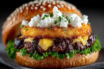 Gourmet Burger Delight: A mouthwatering close-up of a gourmet burger on a sesame seed bun, featuring a patty, cheese, and toppings, offering a savory and flavorful experience.