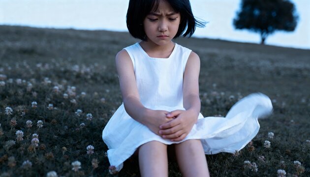 Sad child in white dress crying outdoors in meadow with clover field and lone tree silhouette