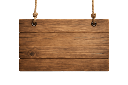 Old distressed dark brown wooden hanging sign made of four horizontal planks secured by rustic rope and metal eyelets, isolated on transparent background