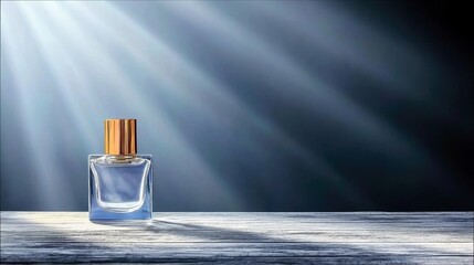 A clear glass perfume bottle with a gold cap sits on a wooden surface, bathed in dramatic light beams against a dark blue background.