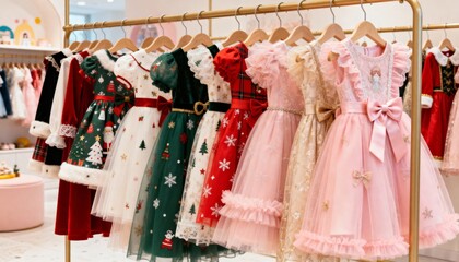 Festive children's holiday dress collection displayed on rack, featuring Christmas motif, soft lighting, and cheerful mood.