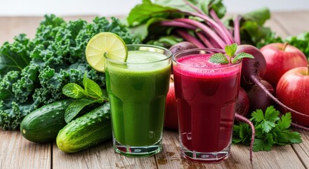 Freshly squeezed green and red juices with raw ingredients. Two glasses of fresh vegetable juice with cucumber, apple, and beetroot
