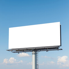 Obraz premium Blank wide large display or white billboard set against a blue sky with white clouds, serving as a mock-up for concepts related to consumerism, advertising, and providing ample copy space.