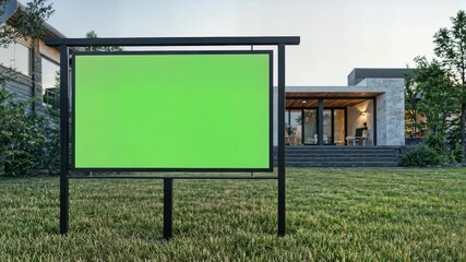 Blank green screen billboard for real estate advertising video in front of modern home, showcasing new listings and attracting potential buyers
