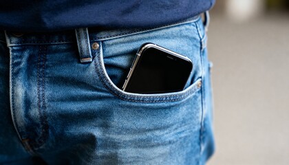 Modern smartphone in a denim jeans pocket, conveying convenience and everyday technology use with soft focus background