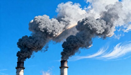 Industrial chimney plume billows dark smoke against a vibrant blue sky, symbolizing pollution and environmental impact.