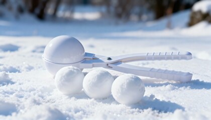 A White Snowball Maker Tool and Freshly Formed Snowballs Rest on a Bright, Sunny Winter Day, Evoking Playful Seasonal Joy and Outdoor Fun